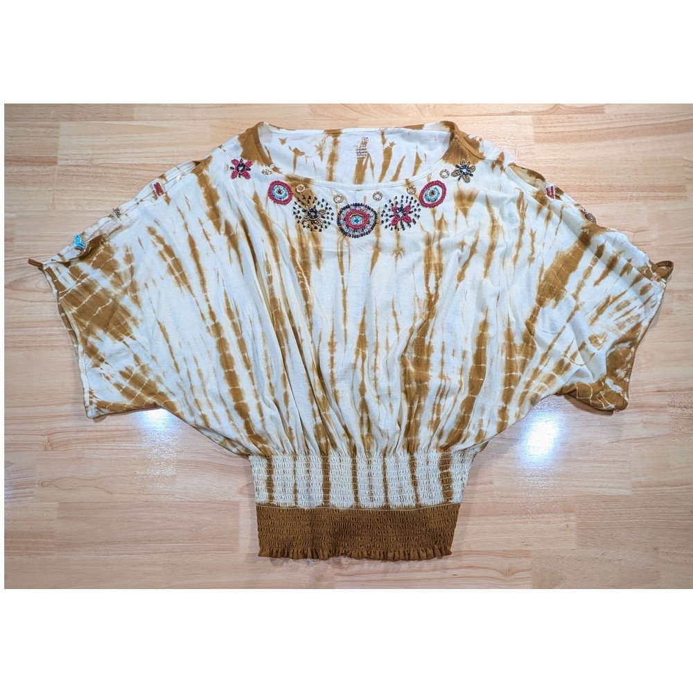 RXB Brown White Tie Dye Beaded Embroidered Batwing Top Large Boho Peasant